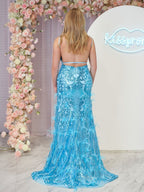 Jade Sequin Lace Spaghetti Straps Mermaid Evening Dress with Slit - Curvevia