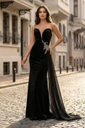 Black Rhinestone One Shoulder A Line Prom Dress with Slit - Curvevia
