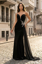 Black Rhinestone One Shoulder A Line Prom Dress with Slit - Curvevia