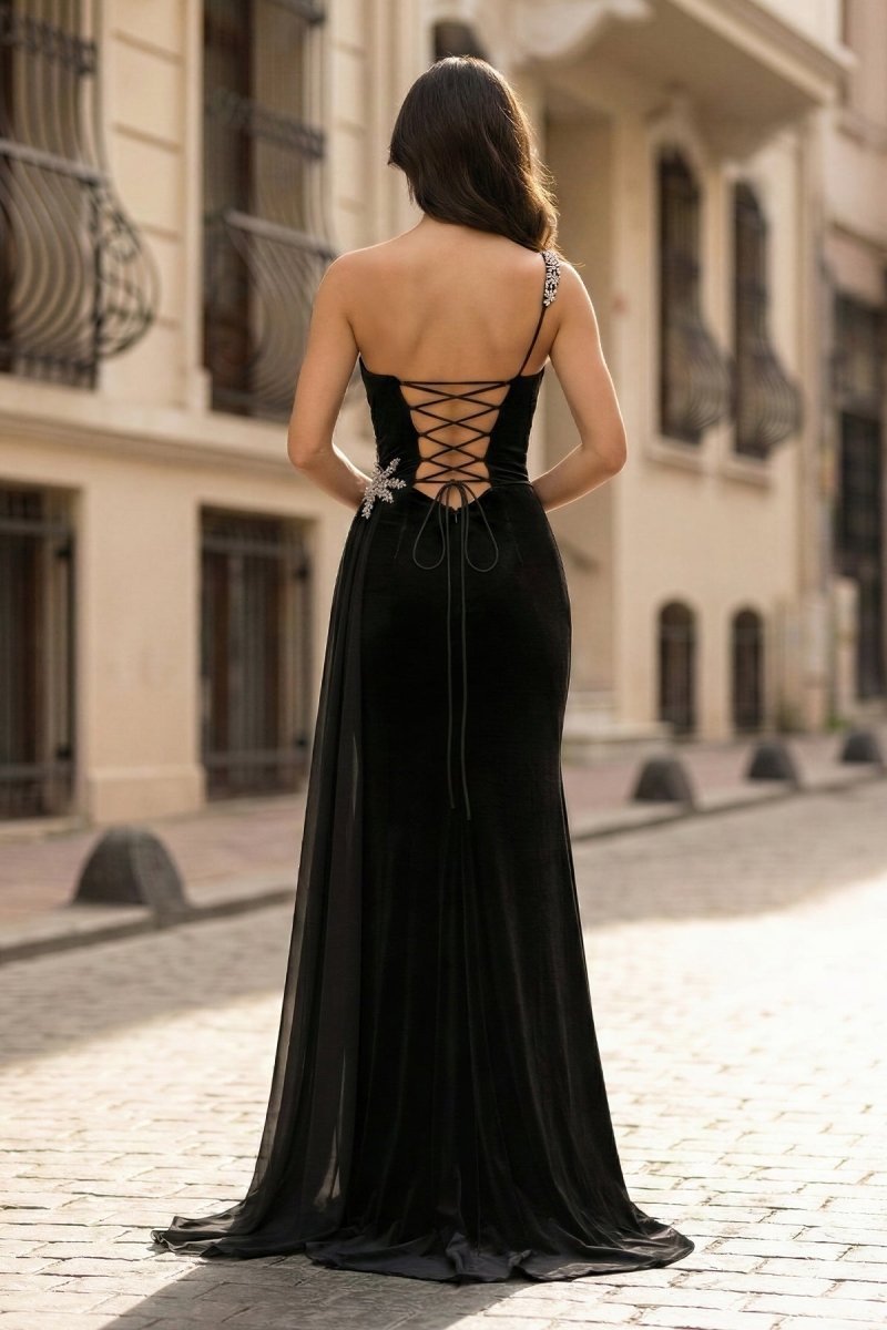 Black Rhinestone One Shoulder A Line Prom Dress with Slit - Curvevia