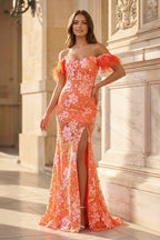 Orange Off-the-Shoulder Mermaid Lace Long Evening Dress With Split - Curvevia