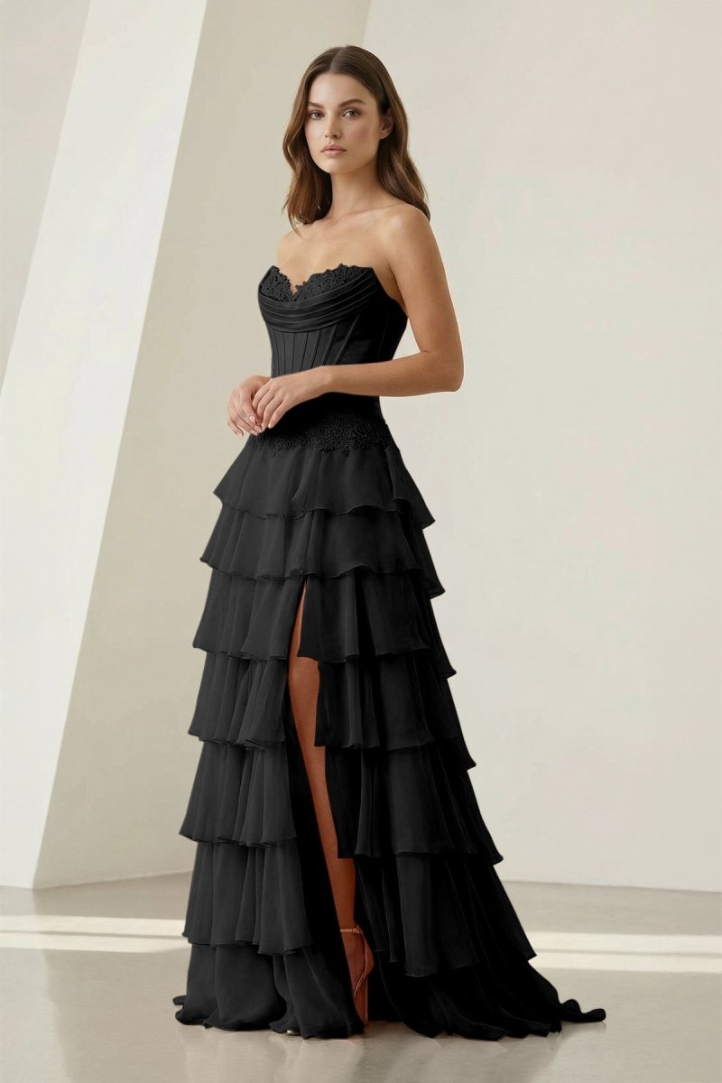Pink Sweetheart Chiffon Ruffled A Line Evening Dress With Appliques - Curvevia