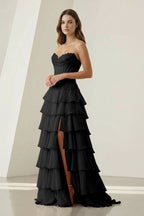 Pink Sweetheart Chiffon Ruffled A Line Evening Dress With Appliques - Curvevia