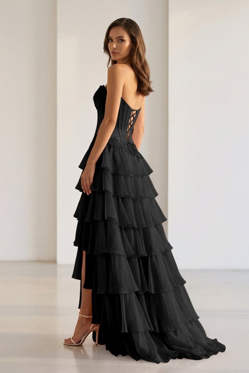 Pink Sweetheart Chiffon Ruffled A Line Evening Dress With Appliques - Curvevia