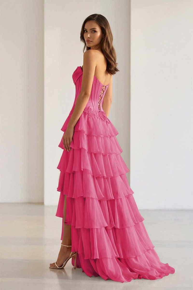 Pink Sweetheart Chiffon Ruffled A Line Evening Dress With Appliques - Curvevia