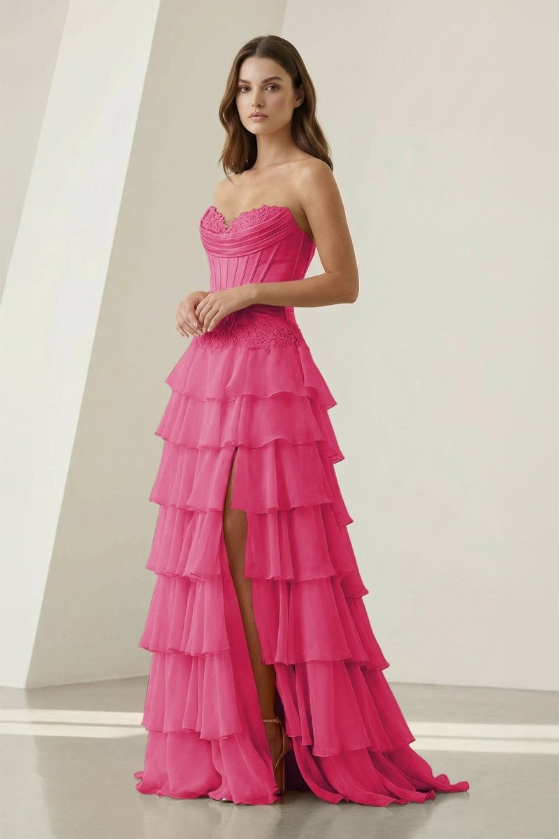 Pink Sweetheart Chiffon Ruffled A Line Evening Dress With Appliques - Curvevia