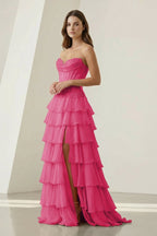 Pink Sweetheart Chiffon Ruffled A Line Evening Dress With Appliques - Curvevia