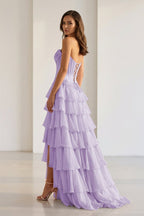 Pink Sweetheart Chiffon Ruffled A Line Evening Dress With Appliques - Curvevia