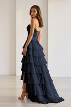 Pink Sweetheart Chiffon Ruffled A Line Evening Dress With Appliques - Curvevia
