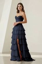 Pink Sweetheart Chiffon Ruffled A Line Evening Dress With Appliques - Curvevia