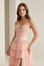 Pink Sweetheart Chiffon Ruffled A Line Evening Dress With Appliques - Curvevia