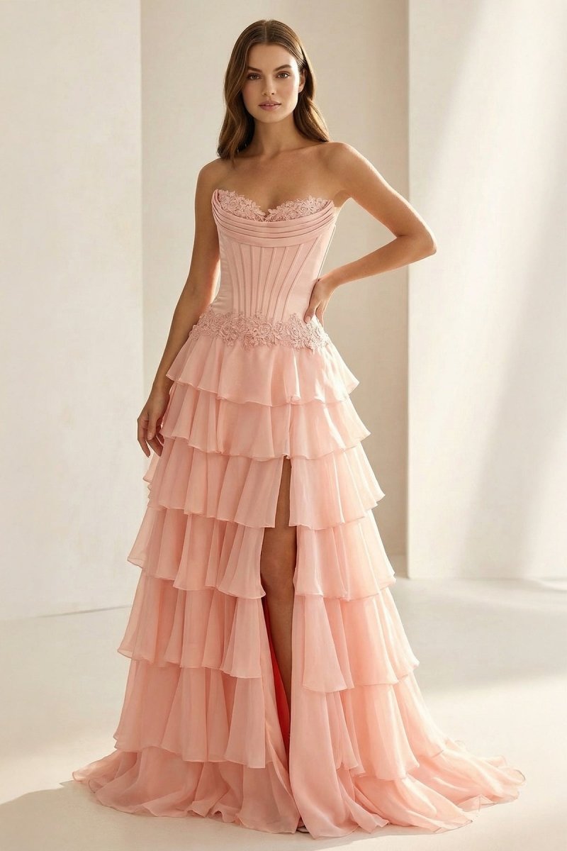 Pink Sweetheart Chiffon Ruffled A Line Evening Dress With Appliques - Curvevia
