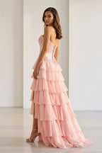 Pink Sweetheart Chiffon Ruffled A Line Evening Dress With Appliques - Curvevia