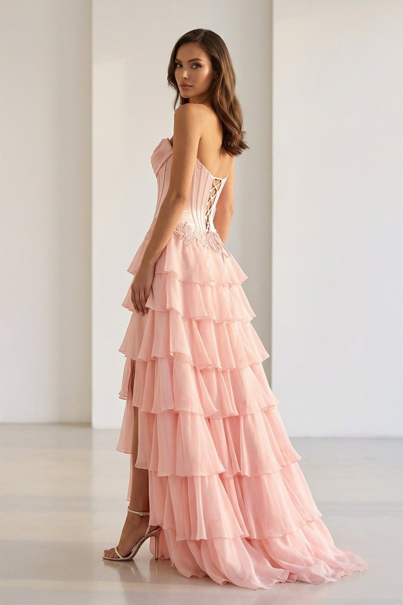 Pink Sweetheart Chiffon Ruffled A Line Evening Dress With Appliques - Curvevia