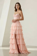 Pink Sweetheart Chiffon Ruffled A Line Evening Dress With Appliques - Curvevia