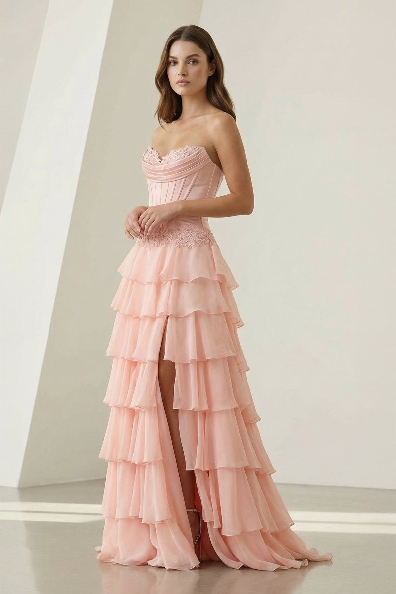 Pink Sweetheart Chiffon Ruffled A Line Evening Dress With Appliques - Curvevia