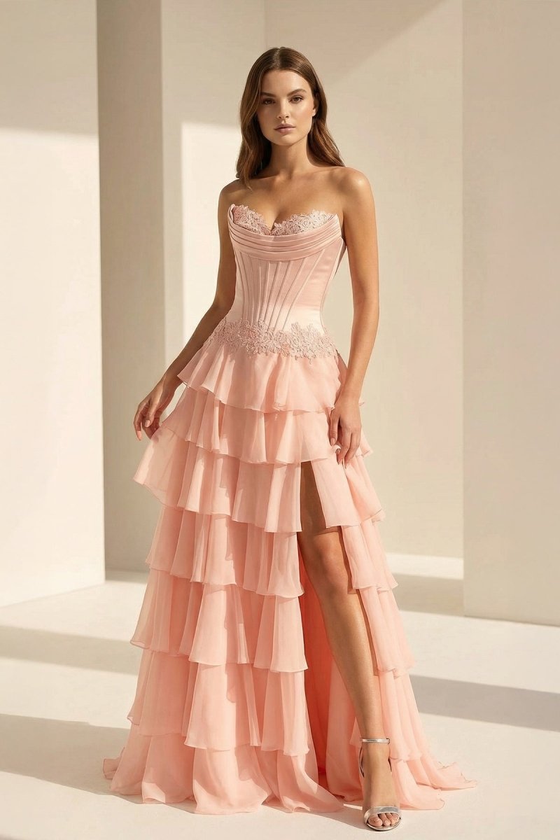 Pink Sweetheart Chiffon Ruffled A Line Evening Dress With Appliques - Curvevia