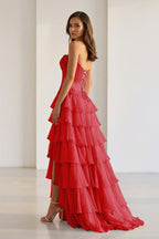 Pink Sweetheart Chiffon Ruffled A Line Evening Dress With Appliques - Curvevia