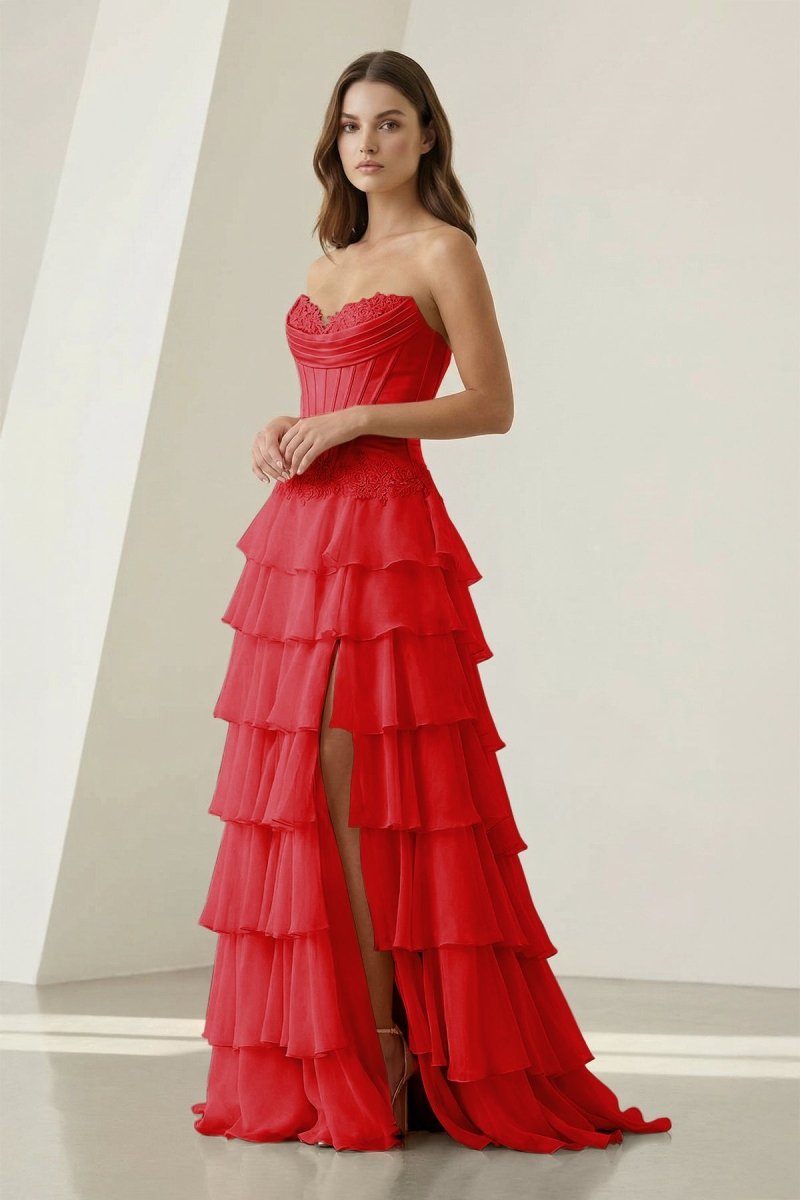 Pink Sweetheart Chiffon Ruffled A Line Evening Dress With Appliques - Curvevia