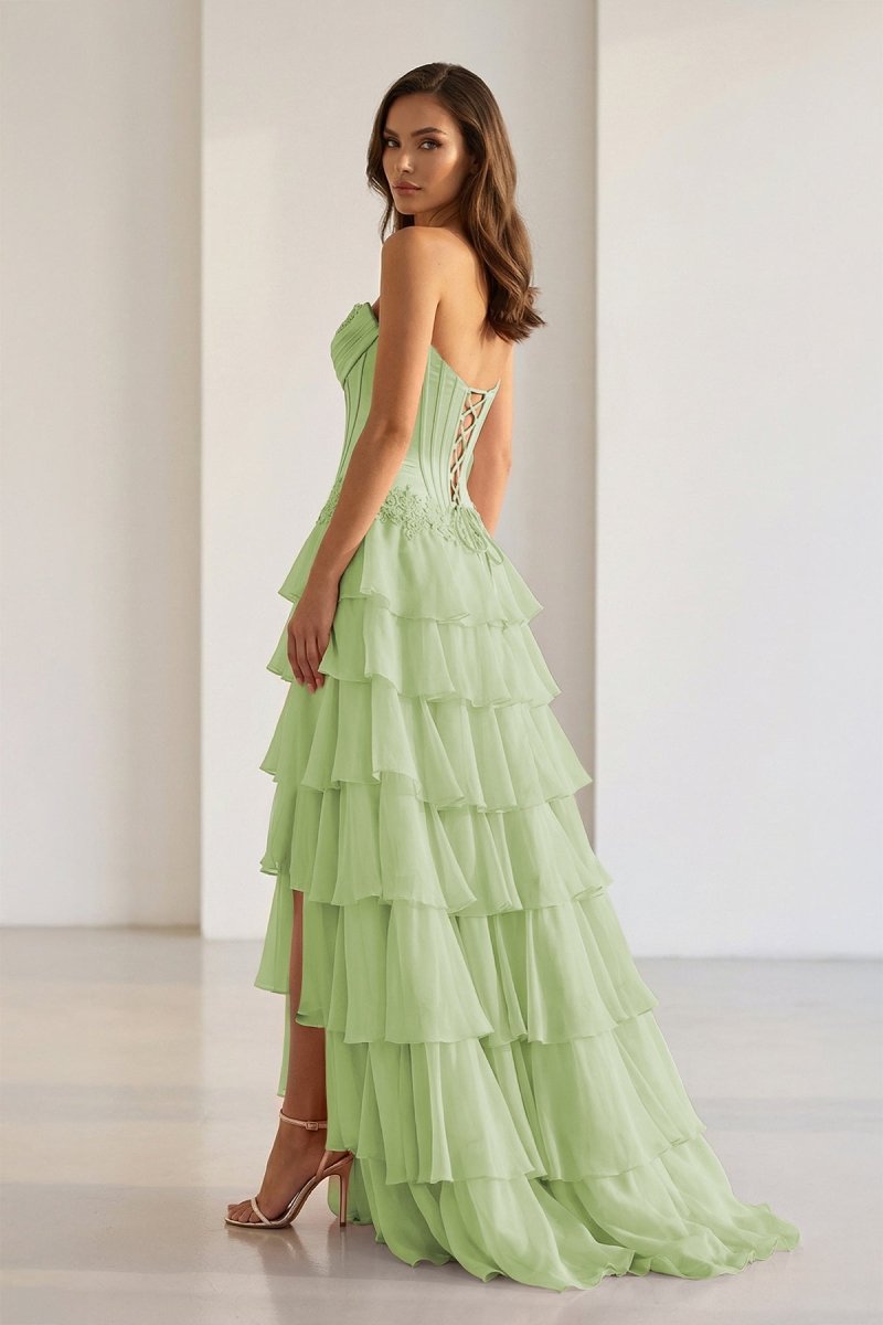 Pink Sweetheart Chiffon Ruffled A Line Evening Dress With Appliques - Curvevia