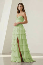 Pink Sweetheart Chiffon Ruffled A Line Evening Dress With Appliques - Curvevia