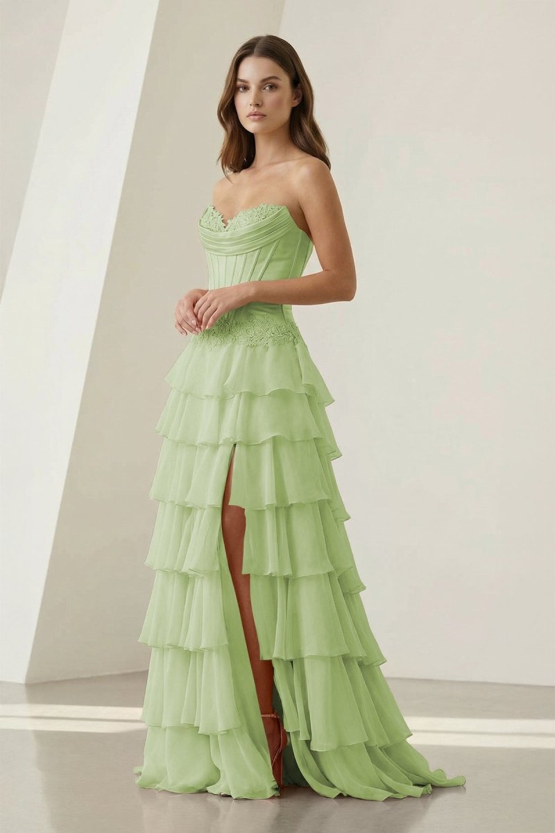 Pink Sweetheart Chiffon Ruffled A Line Evening Dress With Appliques - Curvevia