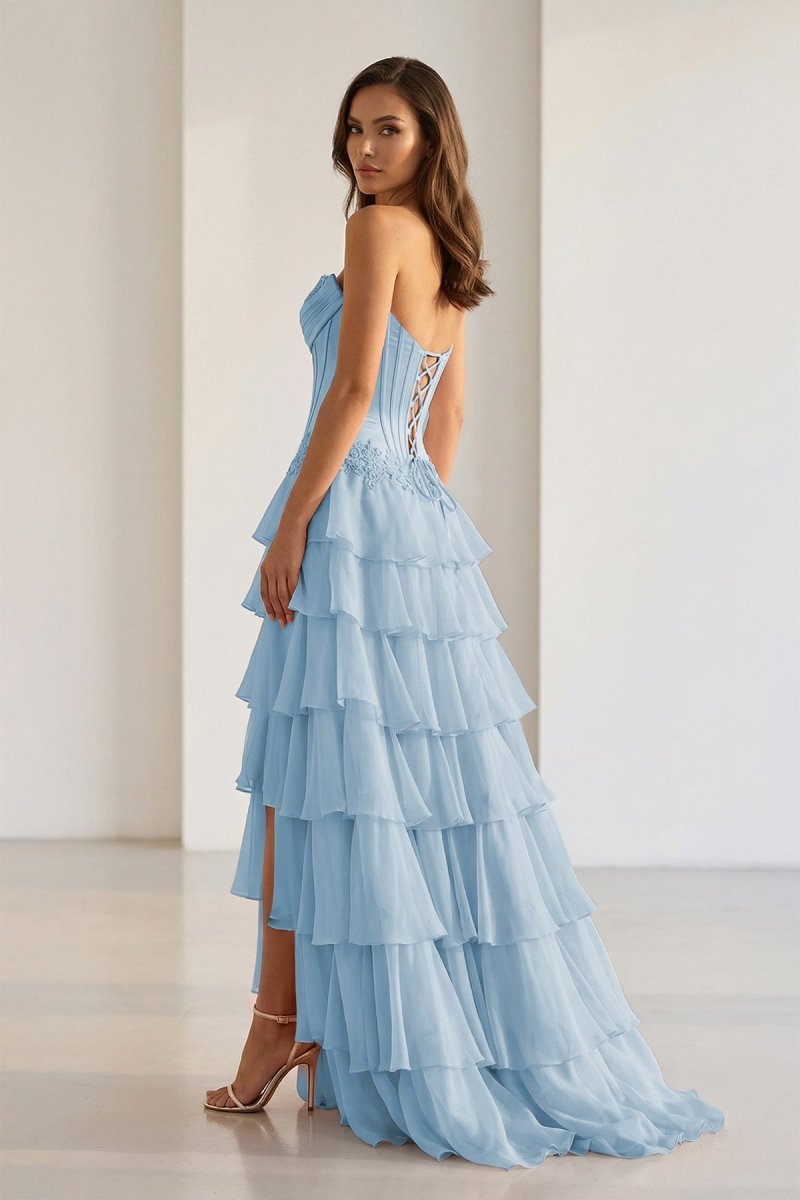 Pink Sweetheart Chiffon Ruffled A Line Evening Dress With Appliques - Curvevia