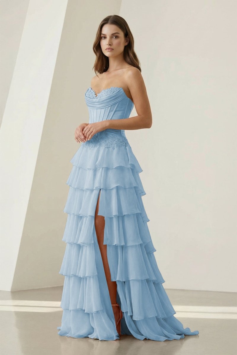 Pink Sweetheart Chiffon Ruffled A Line Evening Dress With Appliques - Curvevia