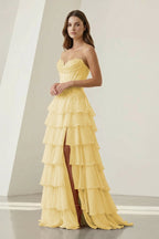 Pink Sweetheart Chiffon Ruffled A Line Evening Dress With Appliques - Curvevia