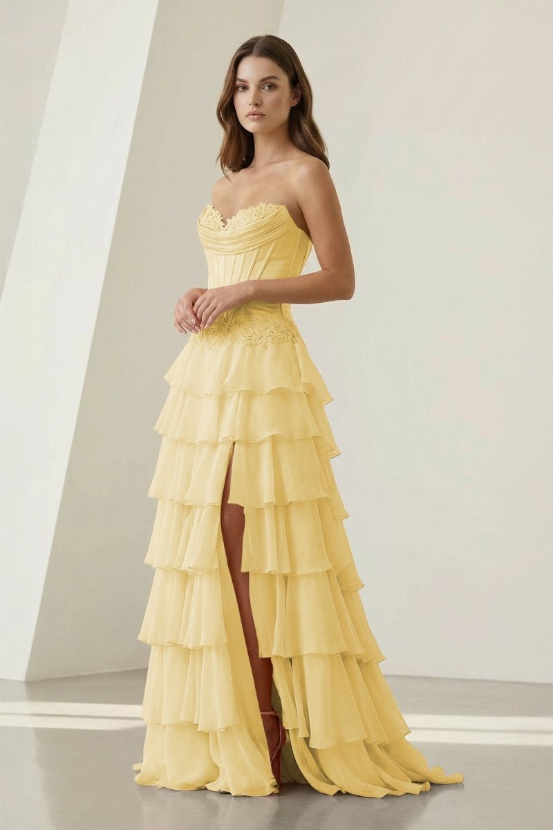 Pink Sweetheart Chiffon Ruffled A Line Evening Dress With Appliques - Curvevia