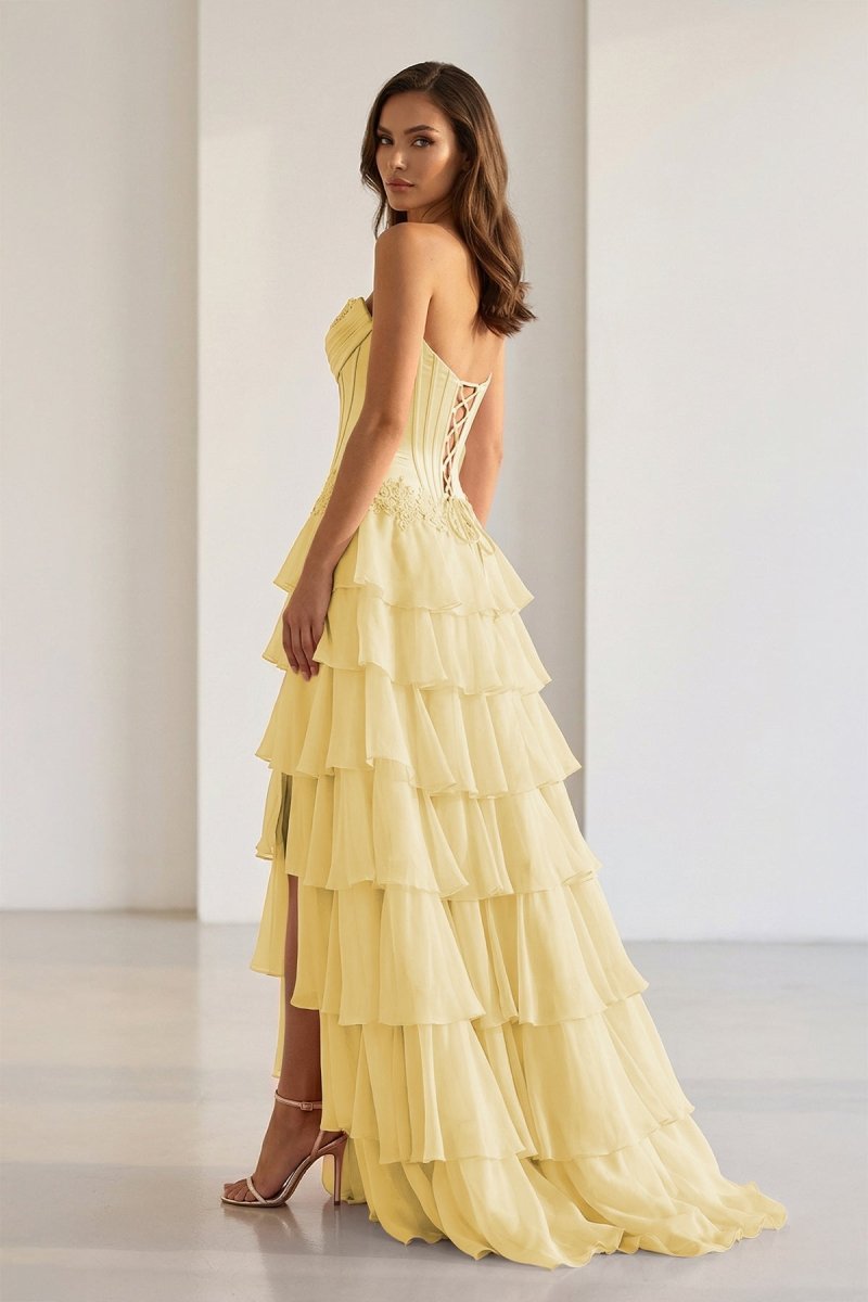 Pink Sweetheart Chiffon Ruffled A Line Evening Dress With Appliques - Curvevia