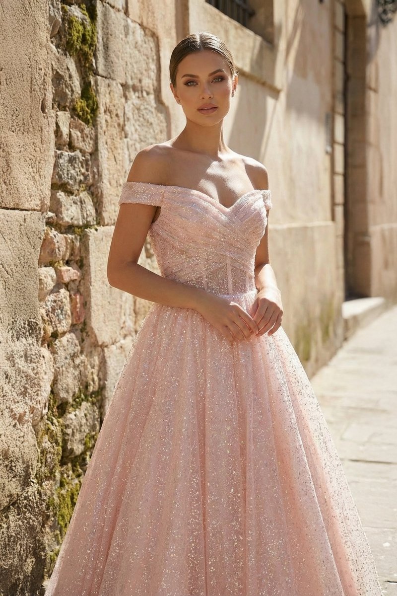 Sparkly Blush Pink Off-the-Shoulder Surplice Long Prom Dress - Curvevia