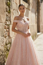 Sparkly Blush Pink Off-the-Shoulder Surplice Long Prom Dress - Curvevia