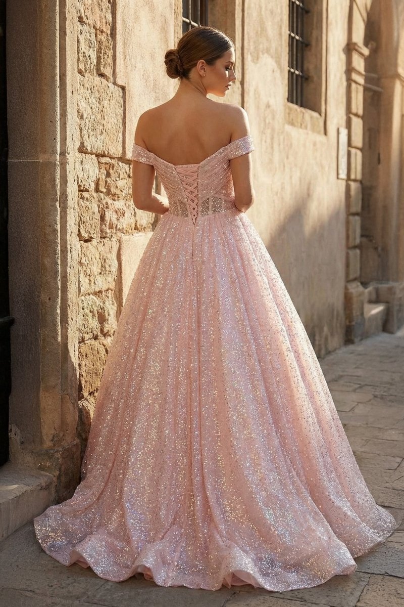 Sparkly Blush Pink Off-the-Shoulder Surplice Long Prom Dress - Curvevia