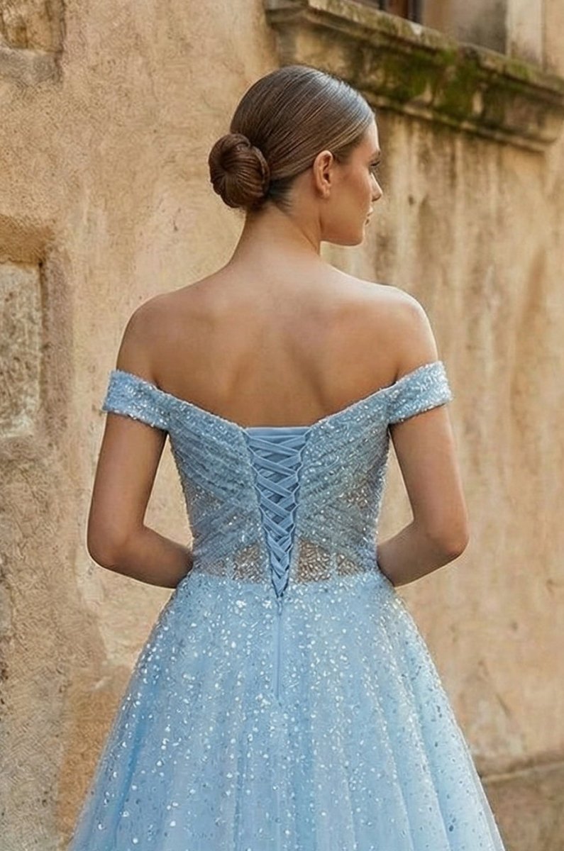 Sparkly Blush Pink Off-the-Shoulder Surplice Long Prom Dress - Curvevia