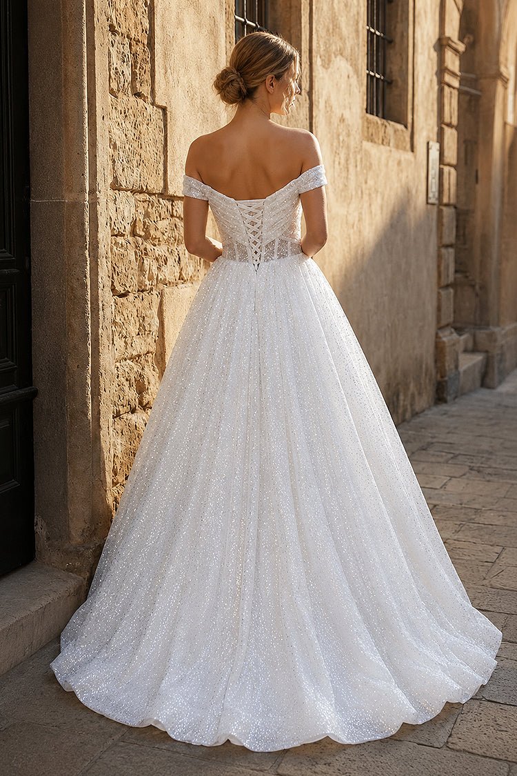 Sparkly Blush Pink Off-the-Shoulder Surplice Long Prom Dress - Curvevia