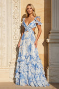 V Neck A-line Floral Printed Chiffon Slit Evening Dress - Curvevia