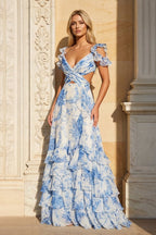 V Neck A-line Floral Printed Chiffon Slit Evening Dress - Curvevia