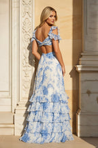V Neck A-line Floral Printed Chiffon Slit Evening Dress - Curvevia