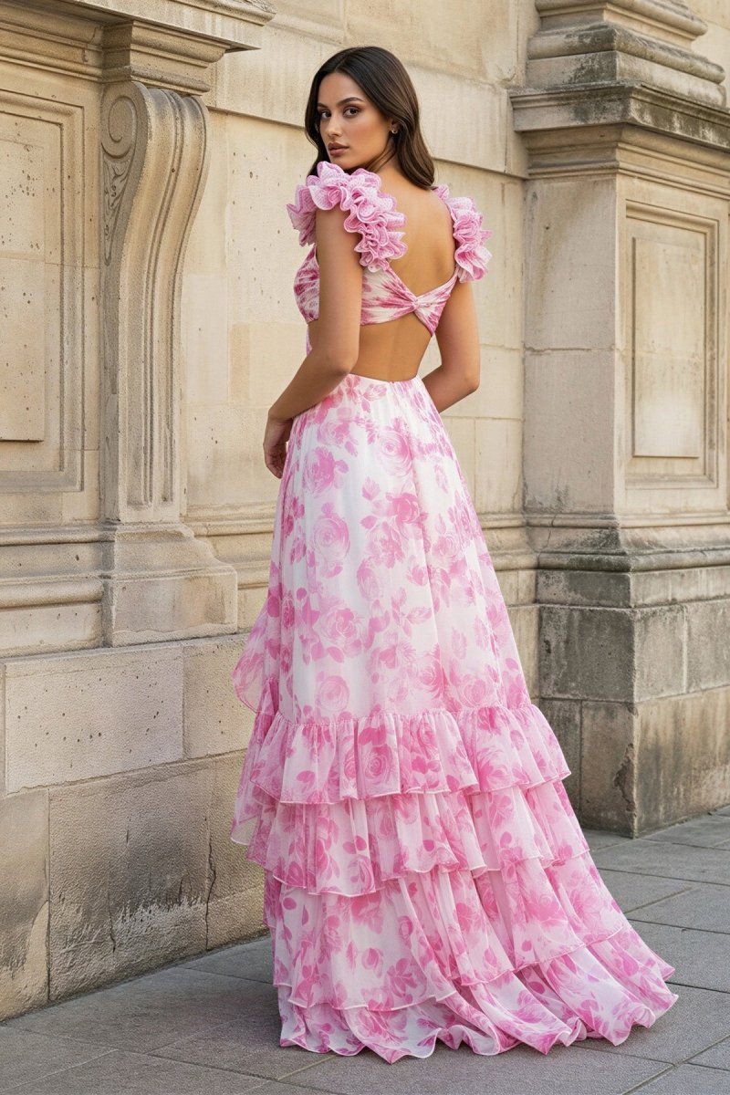 V Neck A-line Floral Printed Chiffon Slit Evening Dress - Curvevia