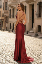Sexy Mermaid Spaghetti Straps Satin Slit Prom Dress with Hot Stone - Curvevia