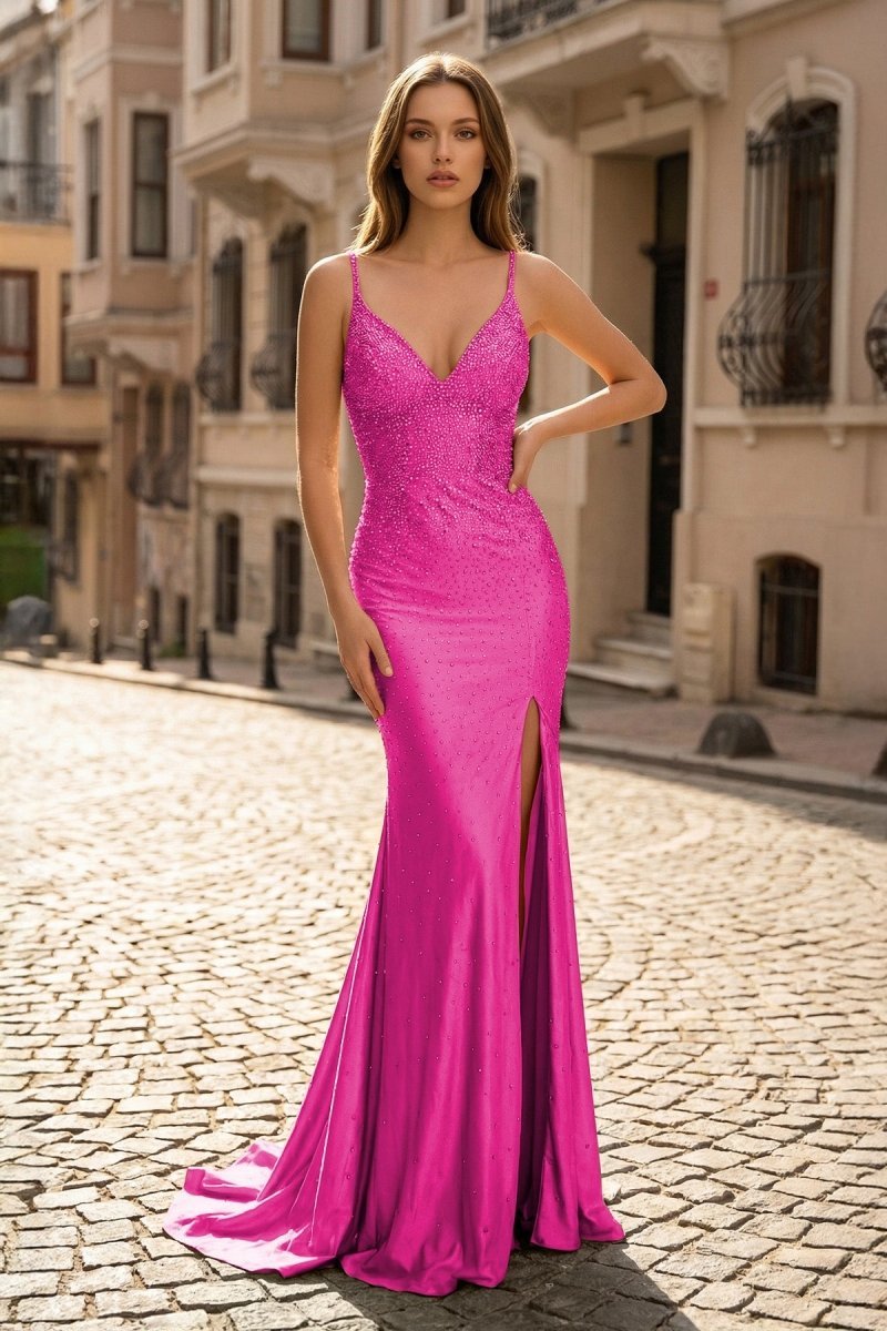 Sexy Mermaid Spaghetti Straps Satin Slit Prom Dress with Hot Stone - Curvevia