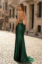 Sexy Mermaid Spaghetti Straps Satin Slit Prom Dress with Hot Stone - Curvevia