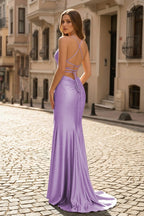 Sexy Mermaid Spaghetti Straps Satin Slit Prom Dress with Hot Stone - Curvevia