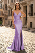 Sexy Mermaid Spaghetti Straps Satin Slit Prom Dress with Hot Stone - Curvevia