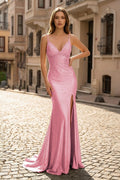 Sexy Mermaid Spaghetti Straps Satin Slit Prom Dress with Hot Stone - Curvevia