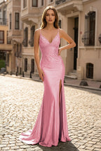 Sexy Mermaid Spaghetti Straps Satin Slit Prom Dress with Hot Stone - Curvevia