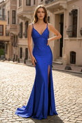 Sexy Mermaid Spaghetti Straps Satin Slit Prom Dress with Hot Stone - Curvevia