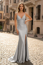 Sexy Mermaid Spaghetti Straps Satin Slit Prom Dress with Hot Stone - Curvevia