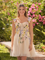3D Flower Tulle Short Length Wedding Guest Dress - Curvevia